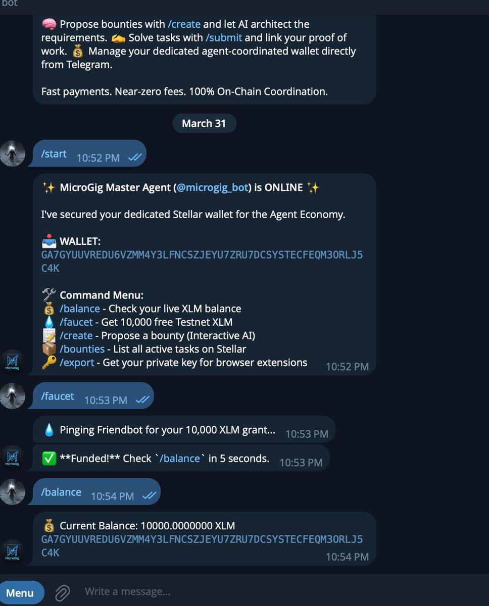 AmanOne4t's tweet photo. Really enjoying the workflow on @microgig_bot 🚀
Creating Stellar Testnet bounties using simple AI prompts is super convenient.
Nice build @NikhilRaikwarr
#Stellar #Web3 #AI https://t.co/zU0bGbFBop
