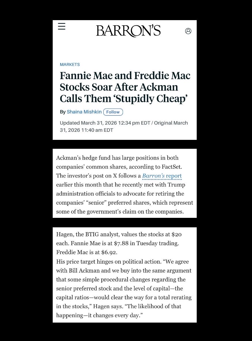 $FNMA $FMCC

Nuggets from today's Barron's article on <a href="/BillAckman/">Bill Ackman</a> that will encourage Fannie Mae &amp; Freddie Mac shareholders. 

Well...some of us.

barrons.com/articles/fanni…