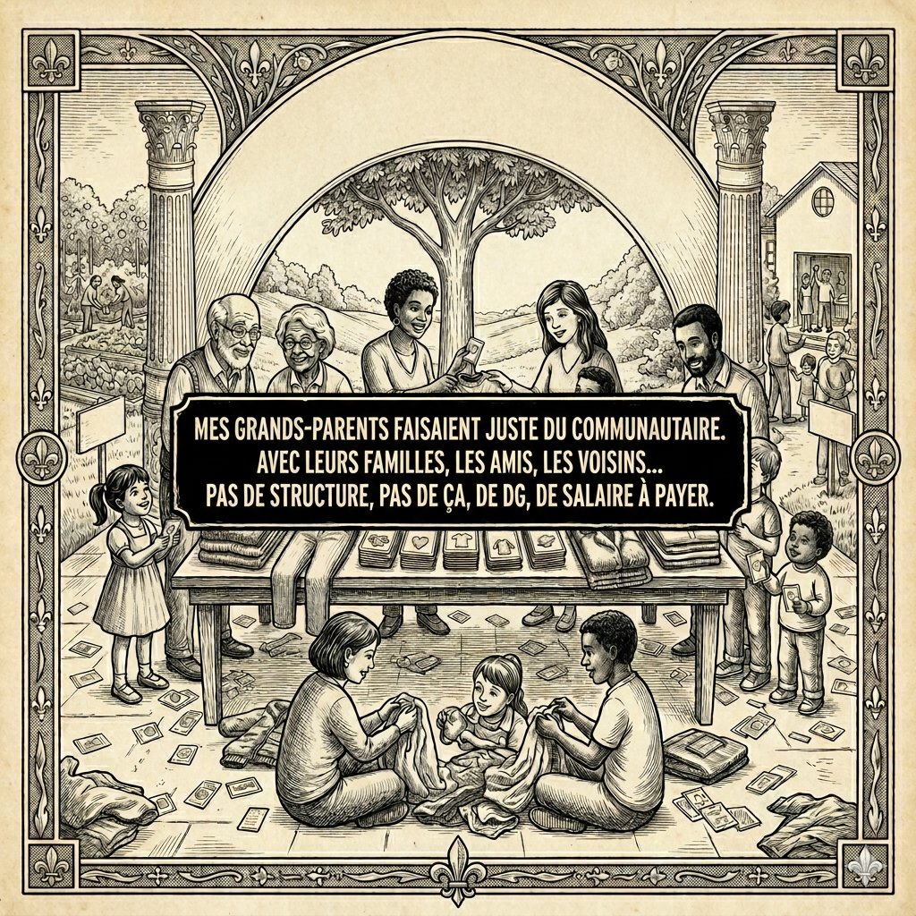 Le « filet social » existait bien avant les subventions modernes. Pas de structures, de regroupements, d'association. Juste du monde qui faisait du vrai communautaire. Des assos indépendantes financièrement pour les services sociaux offerts. #fin_subventions #valeurs_famille