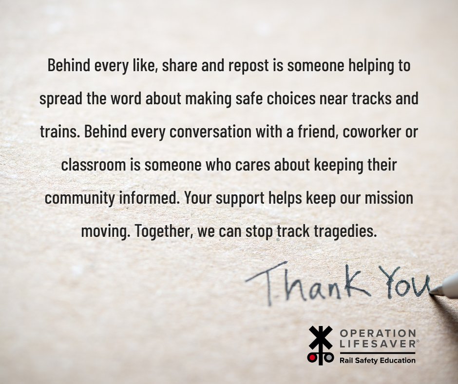 olinational's tweet image. None of this work happens alone. Rail safety education takes all of us. From the communities we serve to the partners who stand with us, thank you. Your commitment makes a difference. Together, we can stop track tragedies. #STOPTrackTragedies #OperationLifesaver