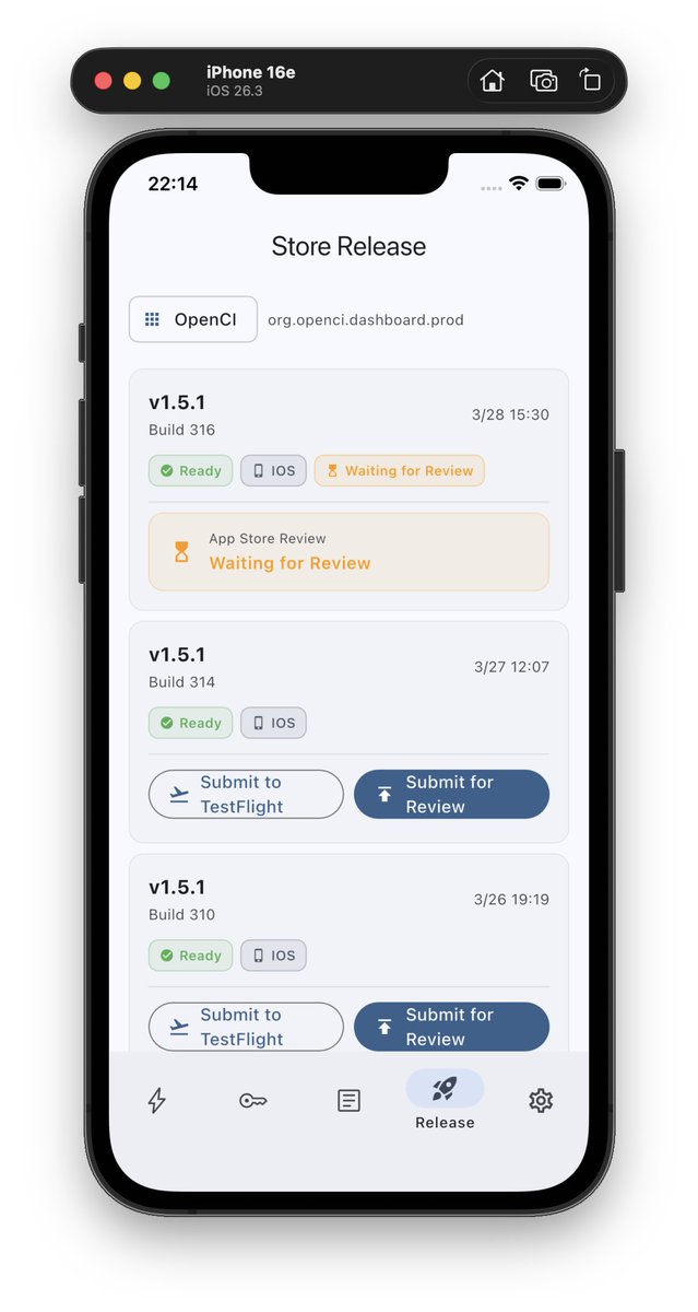 open_ci_io's tweet image. 📦 New in OpenCI: App Store releases are here!

You can now submit your builds to the App Store directly from OpenCI — TestFlight &amp;amp; App Store Review, all in one place.

Also shipping: 
✨ Improved dashboard UI 
⚙️ Enhanced internal logic &amp;amp; performance

#OpenCI #CICD #iOS #Flutter