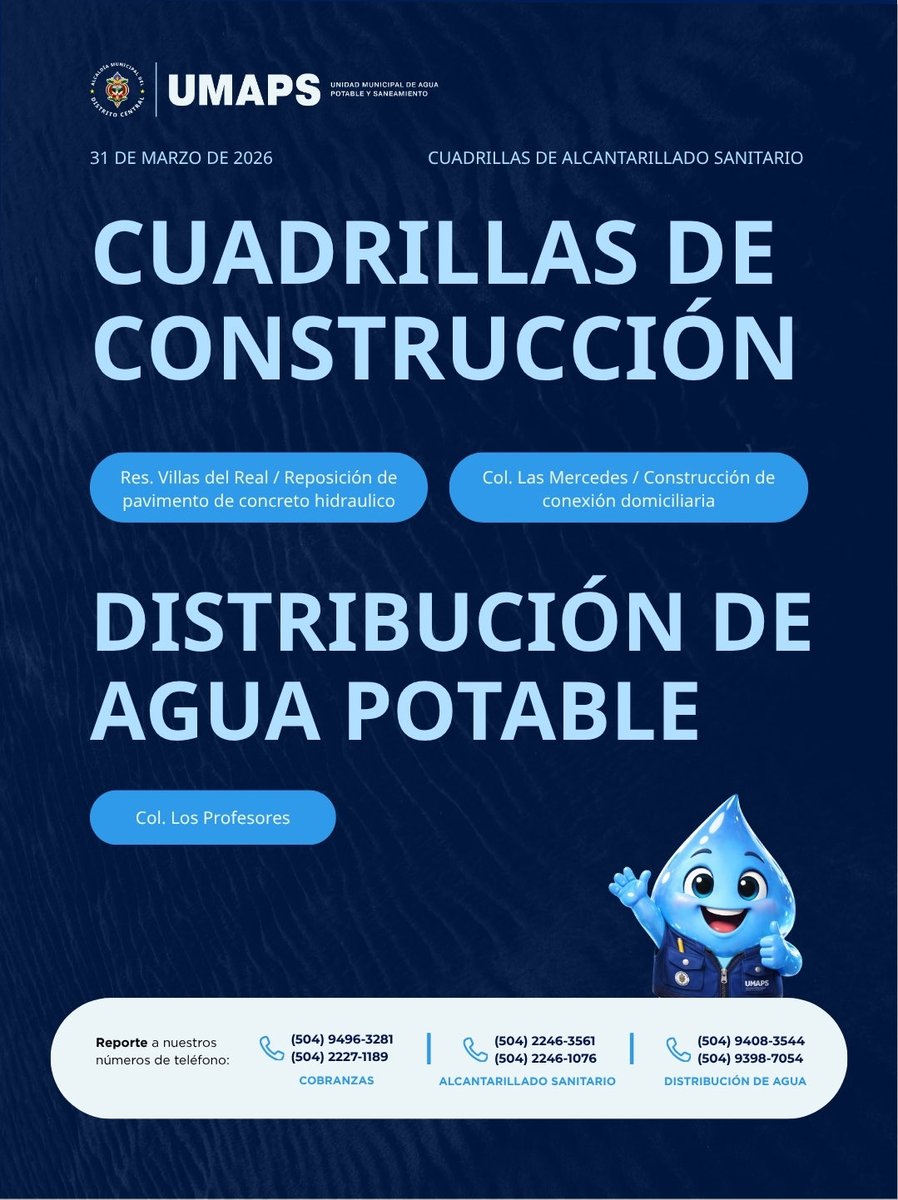 umapsdc's tweet image. 🚧UMAPS en acción

Trabajos de hoy (31 marzo):

🔧 Varilleros:
Blv. Morazán, San Ángel, La Joya, Guillén, La Plazuela, Concepción, Las Crucitas, 3 de Mayo

🏗️ Construcción:
Villas del Real, Las Mercedes

🔍 Inspecciones:
Pueblo Nuevo, Bo. Morazán

🚰 Agua:
Los Profesores

#UMAPS