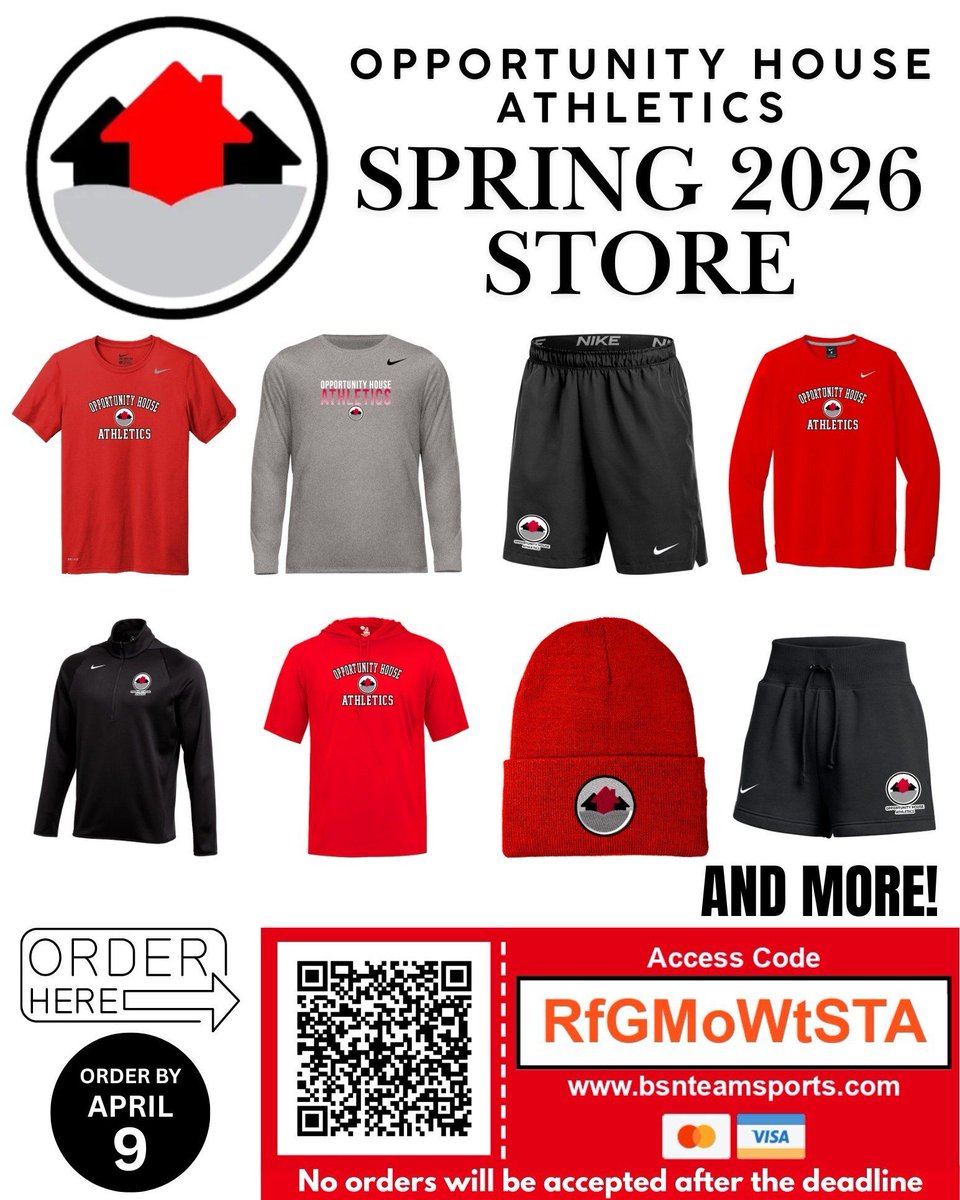Spring is here, and so is Opportunity House Athletics Spring 2026 merch!
 
The shop is officially OPEN starting TODAY, March 27, and will close on April 9 ... so don’t miss your chance to show your support!

Shop now before it’s gone! bsnteamsports.com/shop/RfGMoWtSTA

#ohathletics