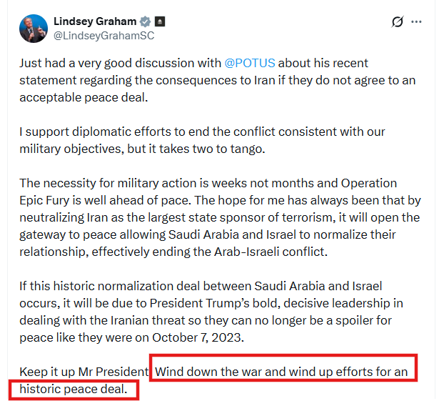 TJ_Research's tweet image. 昨天漏了这条X，直到今天THE HILLS新闻报道。
LINDSEY GRAHAM，以色列最大的无脑支持者之一，让川普结束战争，努力谈一个历史性的和平协议。我一直认为这是一场川普被犹太人带入的战争，现在连LINDSEY