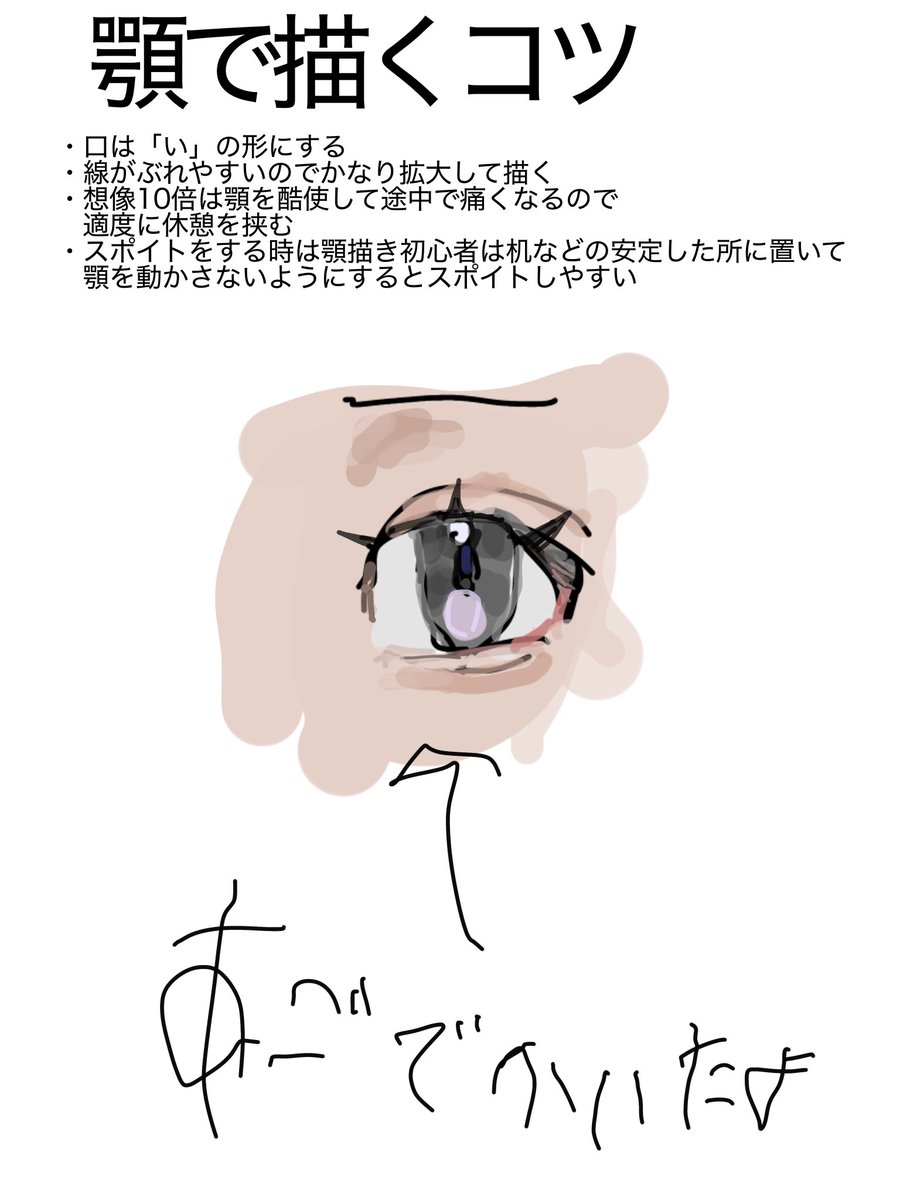 実は指描きではなく顎で描いていました。
隠していて誠にごめんなさい。
お詫びとして顎描きのポイントをまとめました。

注意:マジで顎が痛くなるので、良い子も悪い子も真似しないでください。