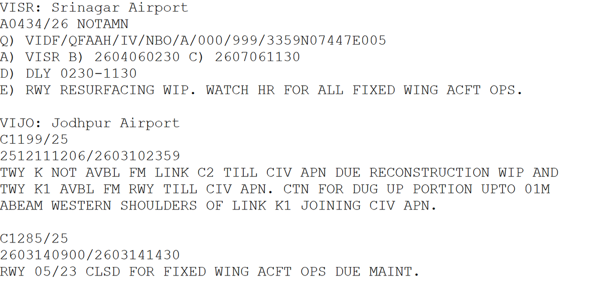 NOTAMs issued by Srinagar Airport and Jodhpur Airport indicate routine runway resurfacing and taxiway maintenance. The Jodhpur NOTAMs carry the “/25” identifier, indicating they belong to the 2025 series.
Please refrain from mischaracterising routine maintenance as “military