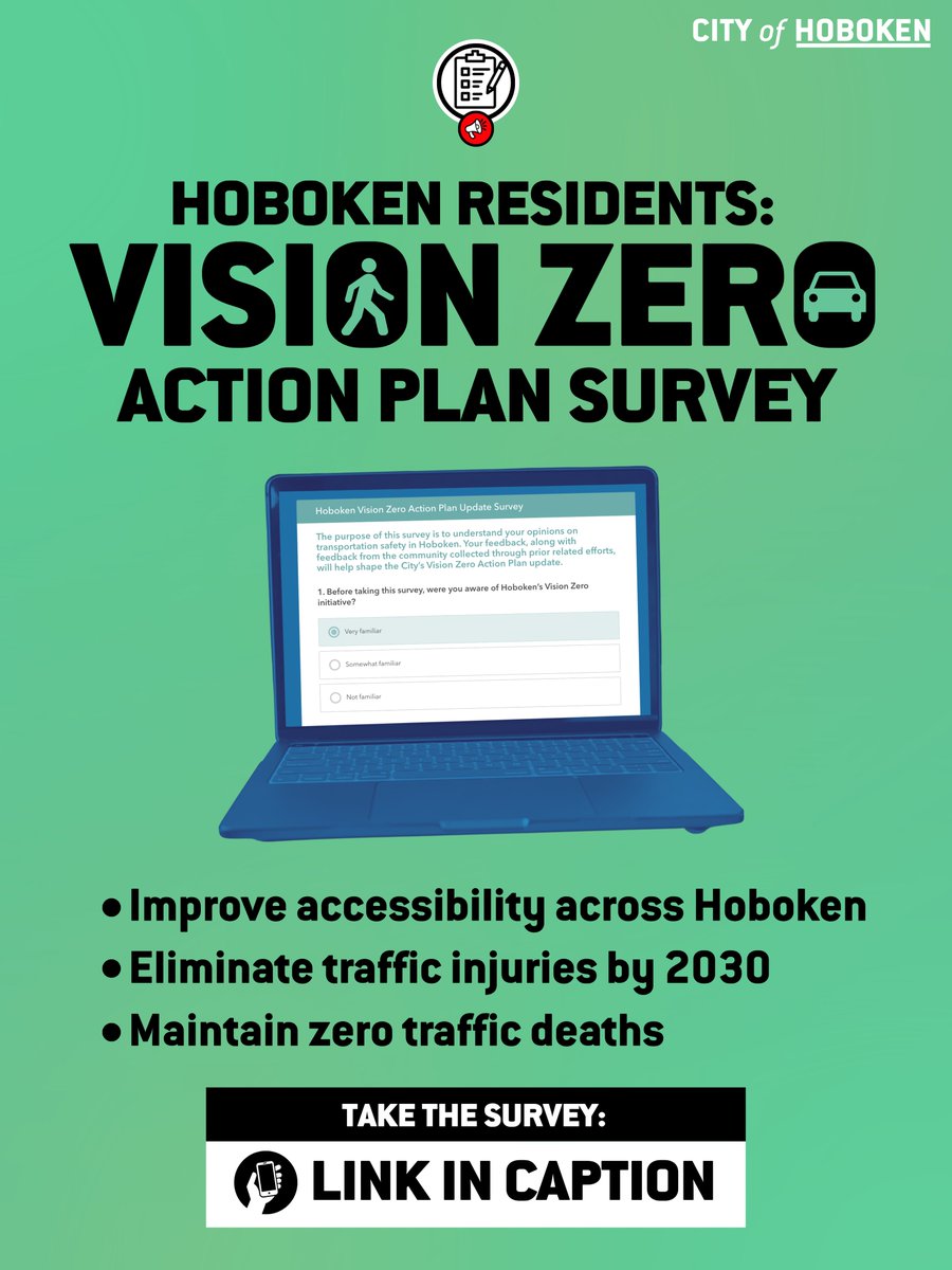 CityofHoboken's tweet image. 🚶‍♀️🚴 #Hoboken, let’s talk safer streets + we need your input! Our simple goal: zero traffic deaths and injuries by 2030.

💬 Take the Hoboken Vision Zero Action Plan Update Survey: arcg.is/1mWSTa5 

⏳ The survey closes April 2 at 11:59 p.m.

#VisionZero