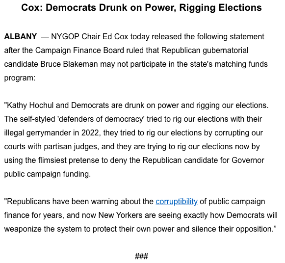 BREAKING: In a big to RIG OUR ELECTIONS, Democrats have DENIED <a href="/NassauExec/">Bruce Blakeman</a> Bruce Blakeman the public campaign funds to which he is entitled.

Full statement from <a href="/ChairmanEdCox/">Ed Cox</a>: