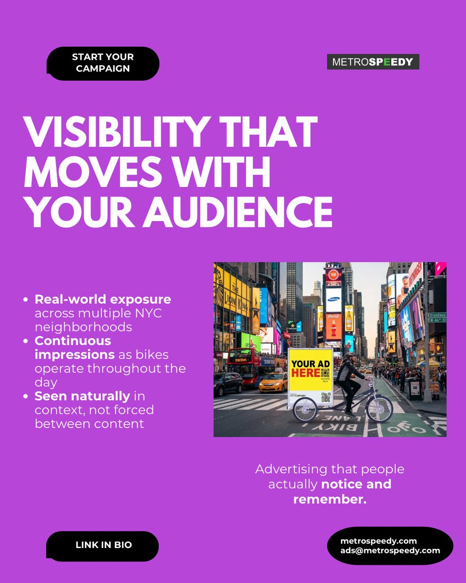 From screens to real world moments.

MetroSpeedy puts your advertising in motion, across the streets your customers move through every day.

🚲 Visibility that actually connects.
#metrospeedy #oohadvertising #nycbusiness #brandawareness #ads