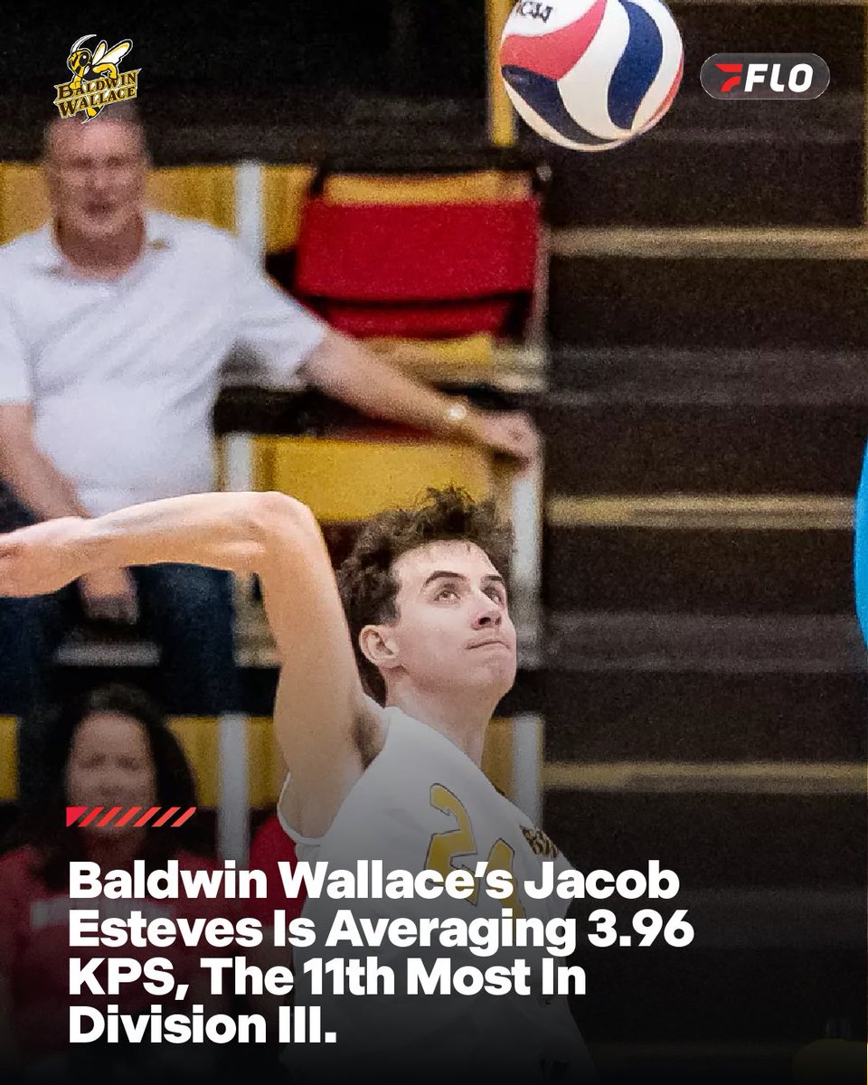 FloCollegeVB's tweet image. Jacob Esteves 🔥

The Baldwin Wallace Junior has knocked down 305 kills and is averaging 3.96 kills per set, which is the 11th most in DIII this year! The Yellow Jackets take on Olivet Friday at 7pm 👏🏐

#OAC | @OHAthleticConf | @bwathletics