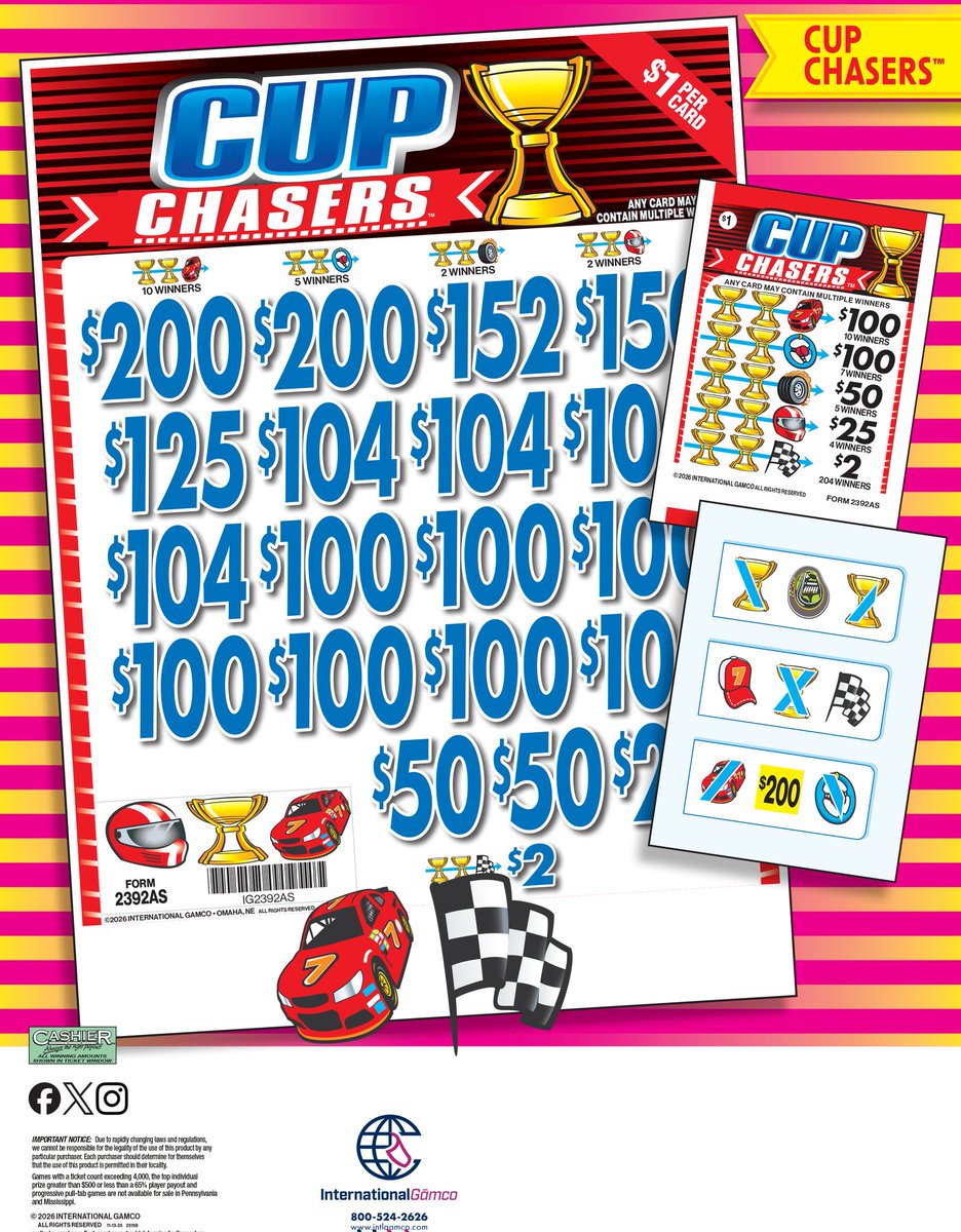 GamcoPulltabs's tweet photo. To the winner's circle!
CUP CHASERS 🏆🏆🏁
Play pulltabs for the win. https://t.co/FlKNsewa8s