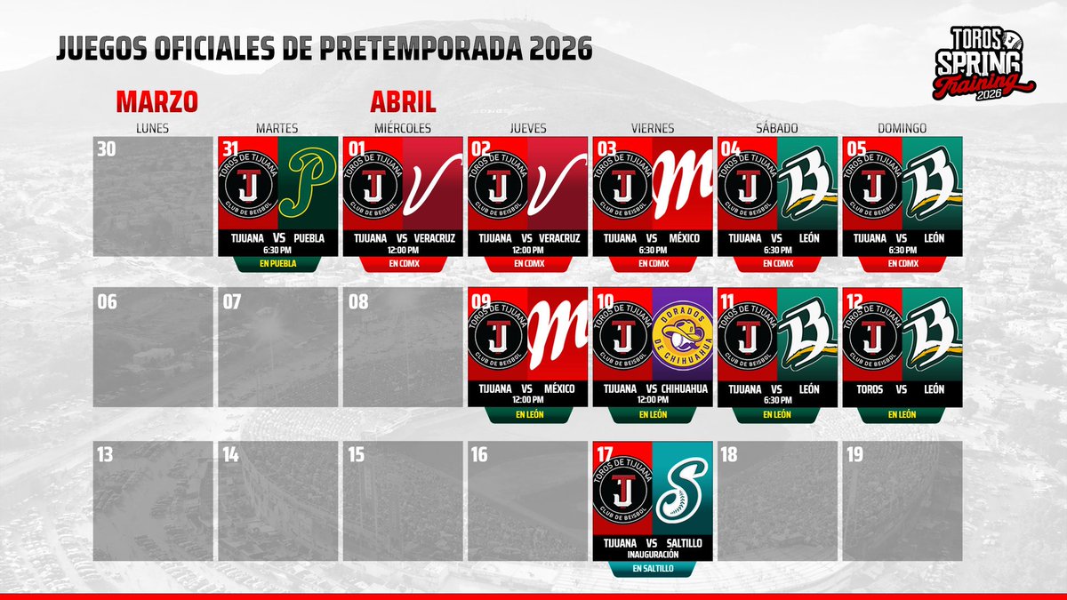 ARRANCA LA GIRA ⚾️🔛

Te dejamos el calendario de juegos de nuestros Toros en esta gira por Puebla, Ciudad de México y León rumbo a la temporada 2026.

#TorosNews #TorosDeCorazón #SpringTraining2026 #LMB #beisbol