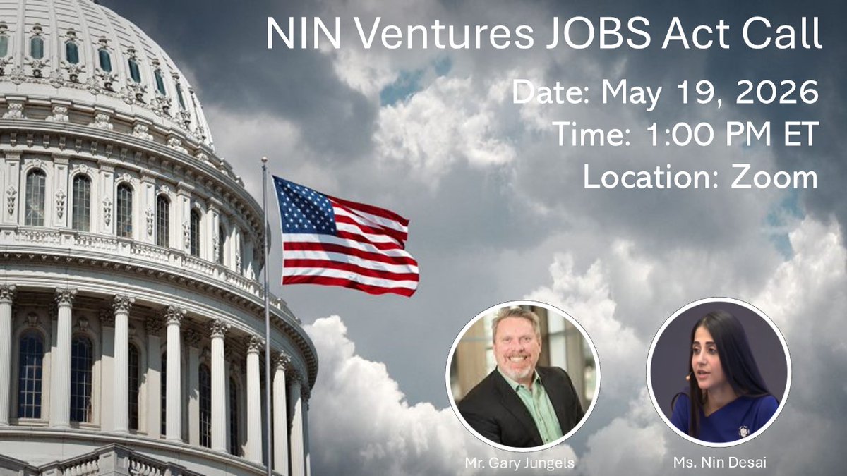 NINVentures's tweet photo. Save the date for NIN Ventures JOBS Act call with Ms. Desai and Mr. Gary Jungels (Partner, Taft Stellinius &amp; Hollister LLP) to learn more about us, the JOBS ACT, why we are crowdfunding venture capital, and what more could be done.

For more details visit: https://t.co/nPakONrTHl https://t.co/7RVrhSTNhC