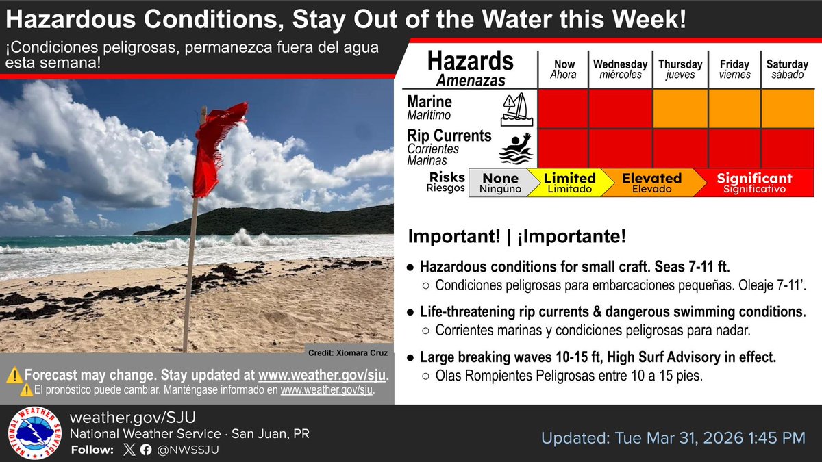 🚩 Lo repetimos de nuevo. No se metan al agua en playas del oeste, noroeste, norte, este, Culebra, Vieques y las Islas Virgenes Americanas. No queremos fatalidades.

 We'll say it again. Do not go into the water at beaches in the west, northwest, north, east, Culebra, Vieques,