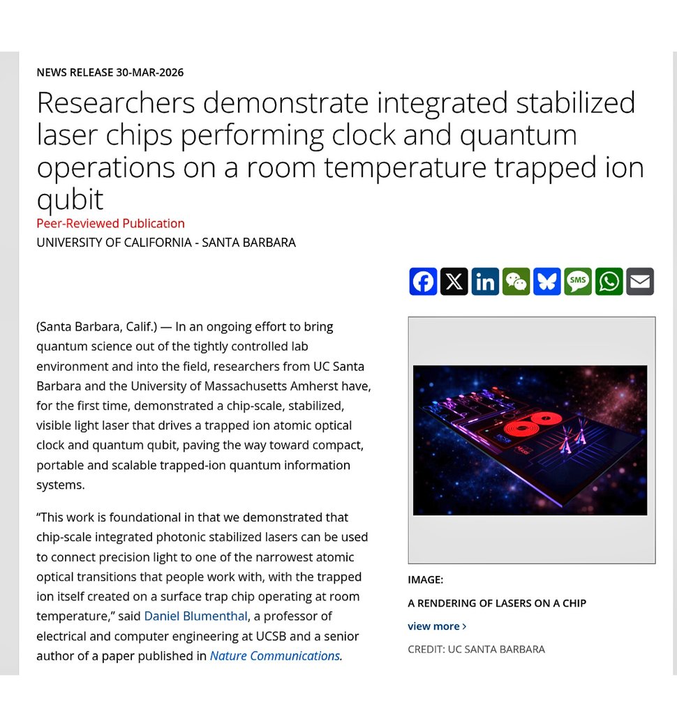 SciTechera's tweet image. This is huge. Quantum computing could soon fit on a chip, thanks to this breakthrough

"Researchers just built a chip-scale 674 nm stabilized laser with ultra high stability (~8.8 × 10⁻¹³), all on a silicon photonics platform."

"It runs at room temperature and can control