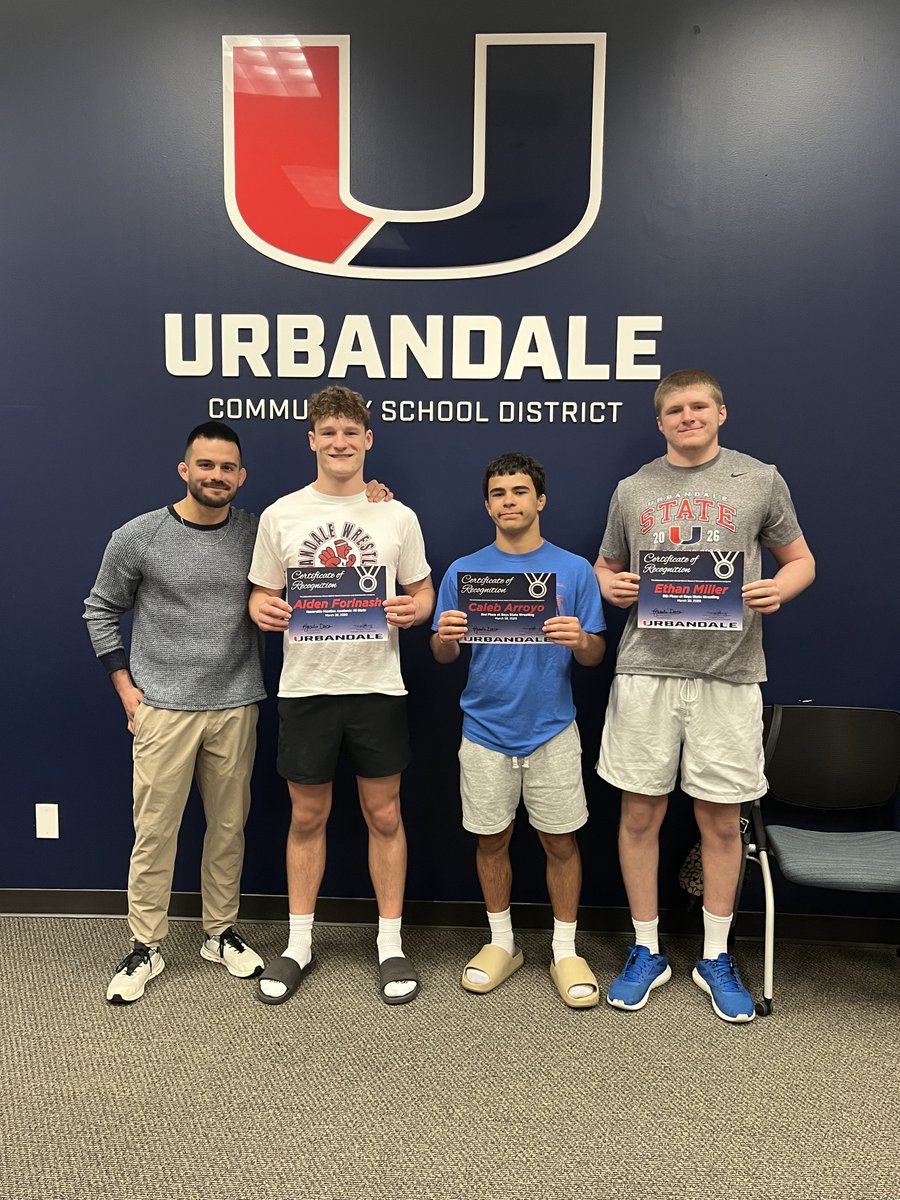 UrbandaleCSD's tweet photo. Outstanding on &amp; off the mat! The School Board recognized UHS Boys Wrestling student athletes Aiden Forinash - Honorable Mention Academic All State, Caleb Arroyo - 2nd Place at Boys State Wrestling &amp; Ethan Miller - 5th Place at Boys State Wrestling. We are #ProudOfU! ❤️💙 https://t.co/JWKJdKZS4i