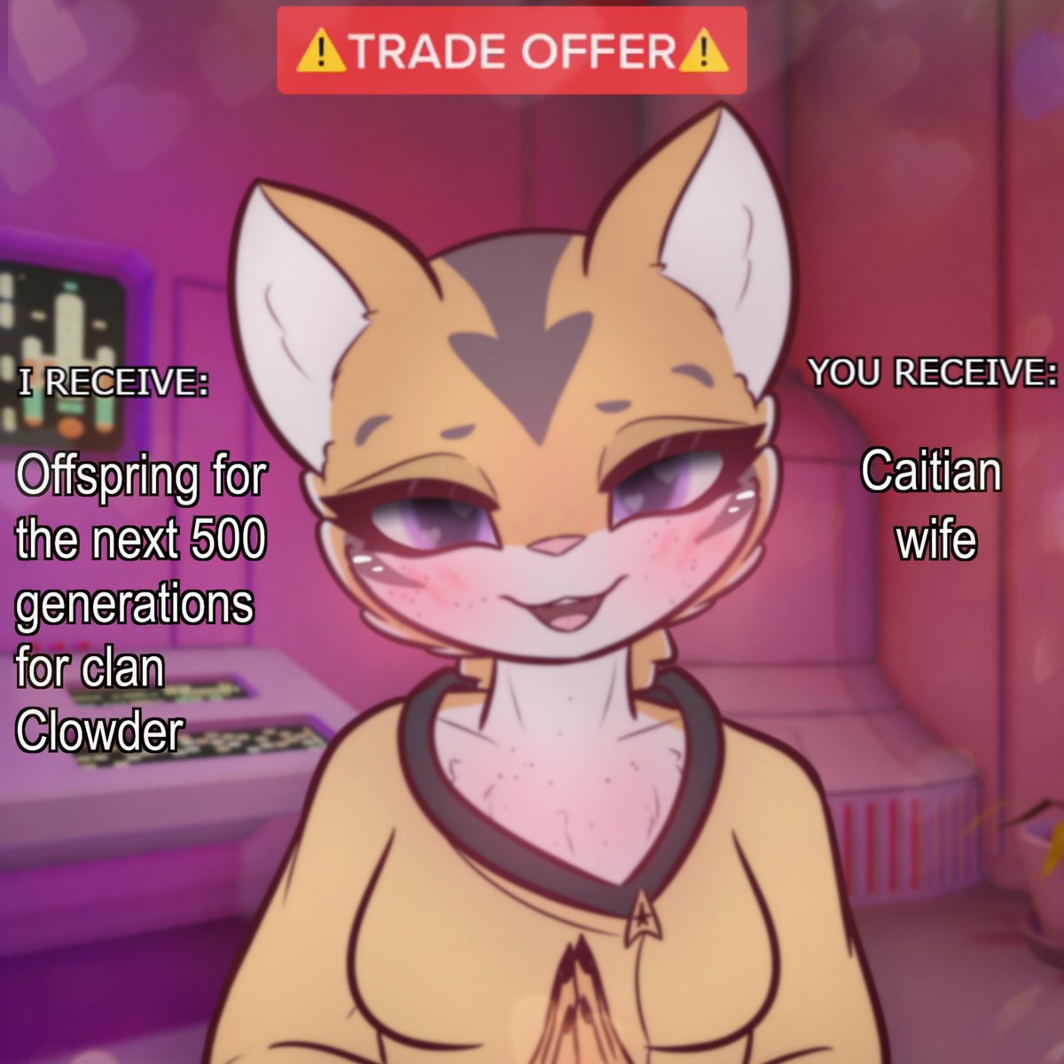Milnegake's tweet photo. Trade offer! We get married, you provide me with many offsprings for the strength of my clan, and in return, you receive a loyal caitian wife, such as yours truly, who will bite the throats of our enemies .  (��� ▿ ≖ ✿)

#startrek #furry #hmofa https://t.co/cOjuC4kZ1v