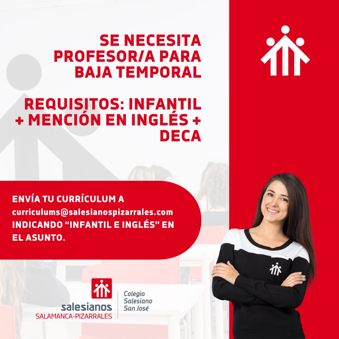 🚨Buscamos profe de infantil con mención inglés y la DECA para cubrir una baja temporal.

Envía tu currículum: curriculums@salesianospizarrales.com