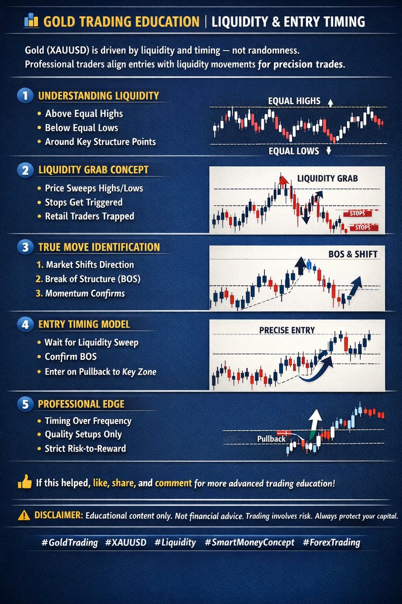Forex_G_Wizard's tweet photo. 📊 GOLD TRADING EDUCATION | LIQUIDITY & ENTRY TIMING

Gold (XAUUSD) is driven by liquidity and timing — not randomness.  
Professional traders align entries with liquidity movements for precision trades.

🔹 1️⃣ UNDERSTANDING LIQUIDITY  
Liquidity is where orders exist:

• Above equal highs  
• Below equal lows  
• Around key structure points  

Price is engineered to reach these zones.

🔹 2️⃣ LIQUIDITY GRAB CONCEPT  
Before real moves:

• Price sweeps highs/lows  
• Stops get triggered  
• Retail traders get trapped  

This is called a liquidity grab.

🔹 3️⃣ TRUE MOVE IDENTIFICATION  
After liquidity is taken:

1. Market shifts direction  
2. Break of Structure (BOS) appears  
3. Momentum confirms the move  

This is where real trades begin.

🔹 4️⃣ ENTRY TIMING MODEL  
Precision entry steps:

• Wait for liquidity sweep  
• Confirm BOS  
• Enter on pullback to key zone  

Avoid chasing — wait for setup.

🔹 5️⃣ PROFESSIONAL EDGE  
Top traders focus on:

• Timing over frequency  
• Quality setups only  
• Strict risk-to-reward  

Smart entries = consistent results.

👍 If this helped, **like, share, and comment** for more advanced trading education!  

⚠️ DISCLAIMER:  
Educational content only. Not financial advice. Trading involves risk. Always protect your capital.

#GoldTrading #XAUUSD #Liquidity #SmartMoneyConcept #ForexTrading