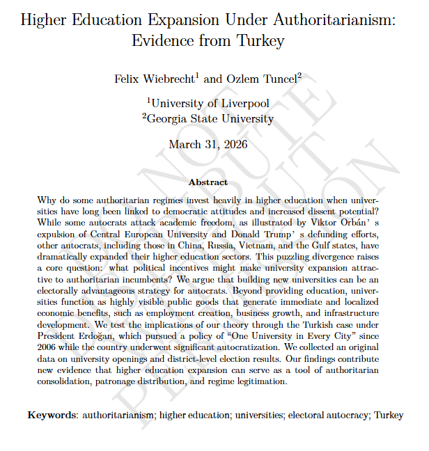 ozlem__tuncel's tweet photo. For folks who will be at @theWPSA on Thursday and Saturday, I'll be presenting two co-authored papers: 
10 am THU: Higher education expansion under authoritarianism (with @FelixWiebrecht) 
1:15 pm SAT: Removal of elected opposition mayors (with @ElifSariGenc)

 #WPSA2026 https://t.co/aNxQ04iLvc