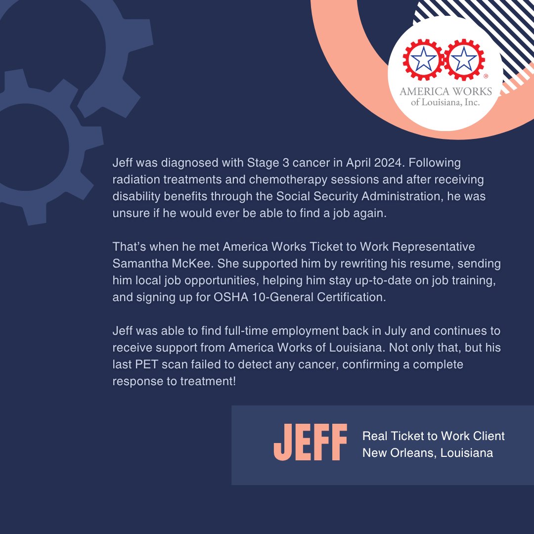 AmericaWorksTTW's tweet photo. From diagnosis to determination 🩹💪
After facing cancer and uncertainty about his future, Jeff found his way back to full-time employment with support our Ticket to Work program—and today, he’s cancer-free.
#SuccessStory #TicketToWork #Resilience #BackToWork #HopeInAction https://t.co/fVSMilzSAO