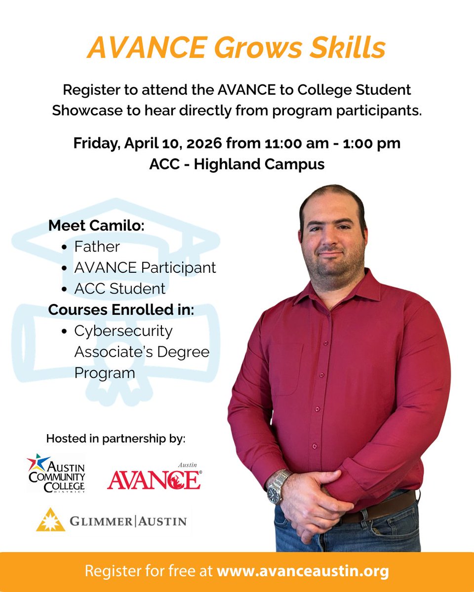 AVANCEAustin's tweet photo. Austin Community College District and AVANCE-Austin are hosting a special Student Showcase for National Community College Awareness Month—highlighting the journeys and successes of students and families building brighter futures.
@accdistrict https://t.co/SirGLMQraH