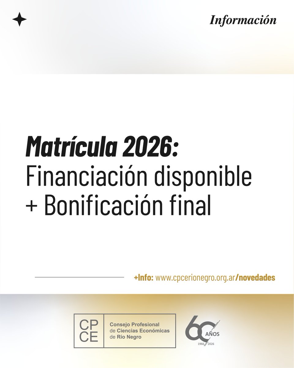 Informamos a quienes aún no han cancelado la Matricula 2026, que tienen la opción de abonar mediante transferencias bancarias, o pueden adherirse al pago en cuotas a través del débito automático,

Más información: cpcerionegro.org.ar/matricula-2026…