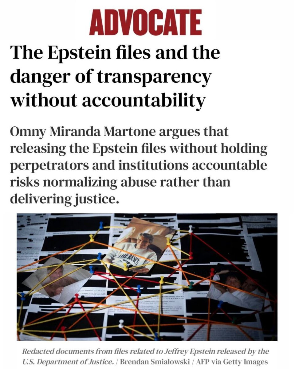 omnymiranda's tweet photo. I recently wrote for @TheAdvocateMag on why the #Epstein Files need more than just transparency — they need accountability. "Exposure without consequences is not transparency. It is permission." Read the full article here: https://t.co/FdDcGiLGLC https://t.co/mcA8OpLZck
