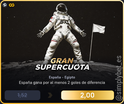 simplybet_es's tweet image. 🔊🔊 Supercuota DORADA Winamax 🔊🔊

⚽️ España - Egipto (Hoy 21:00)
España gana por al menos 2 goles de diferencia
1.52 ➡️ 2.00 (31.58%) [10€]

#winamax #supercuota #dorada