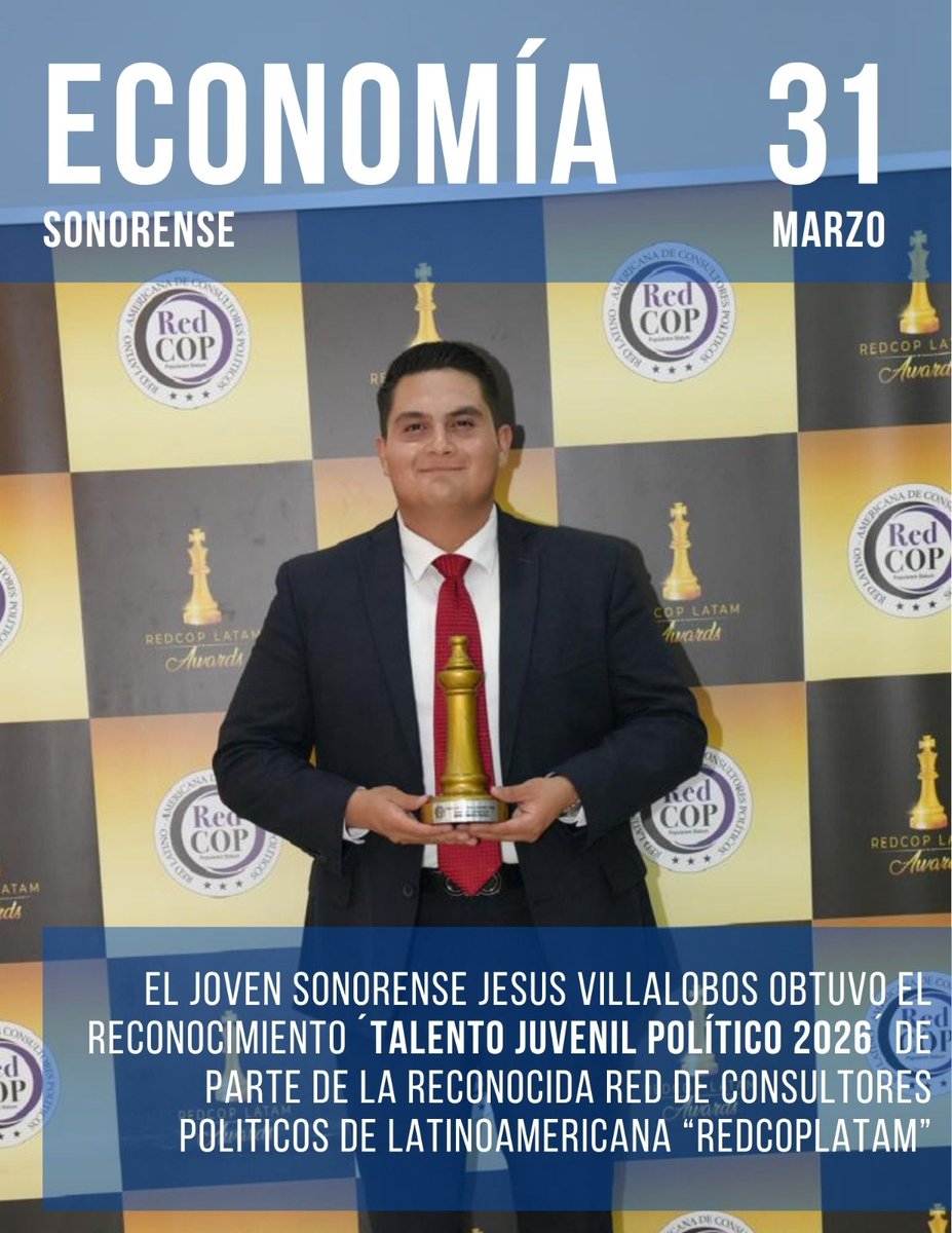 El joven político sonorense <a href="/jesusvilla97/">Jesús Villalobos L.</a> recibió de parte de la Agrupacion <a href="/redcoplatam/">RedCopLatam</a> una reconocimiento al "Talento Político Juvenil 2026".
Felicidades jovenazo ✔️