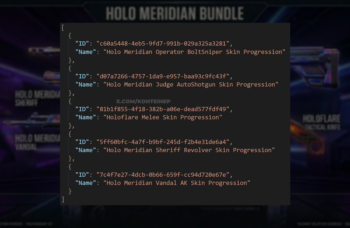 VALORANTLeaksEN's tweet image. New Bundle: HOLO MERIDIAN // #VALORANT 

• Vandal
• Operator
• Sheriff
• Judge
• Holoflare Melee

4 Variants // 4 Levels

🔗: @kohteihep