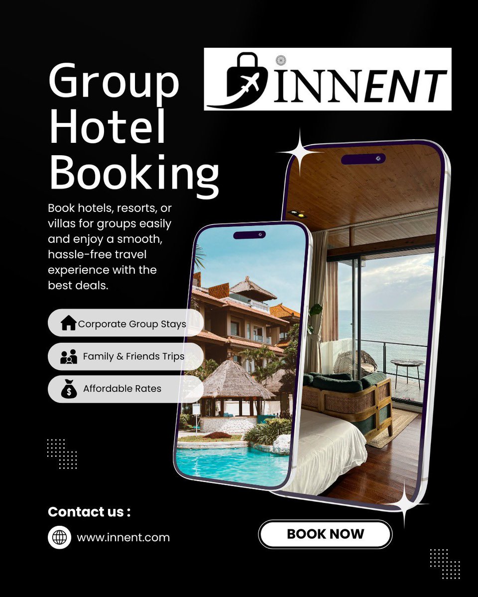 InnentInc's tweet photo. Travel together, stay better 🏨✨
💼 Corporate Groups
👨‍👩‍👧‍👦 Family Trips
💰 Budget-Friendly Deals

👉 Book now at https://t.co/fL8F1zvj6v

#groupbooking #travelsmart #hoteldeal #vacationplanning✈️ #innent https://t.co/tHNOV20q31