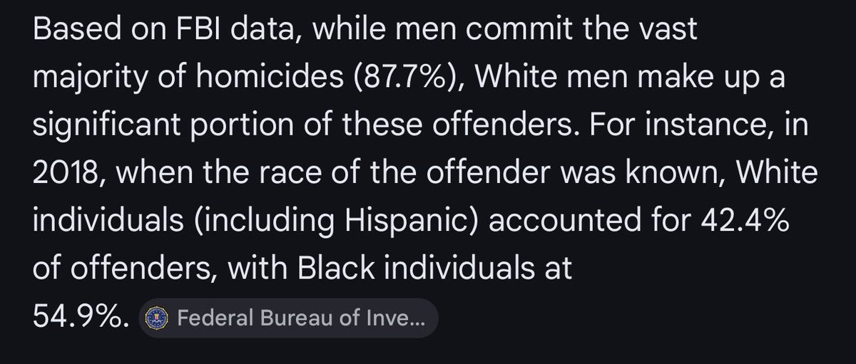 dj_harmonic's tweet photo. Why lie? White men kill the MOST women. It would be impossible for 10% of the population to kill more than the vast majority who make up 60% of the population in the US and who commit the most murders overall. Yall always wanna use curated statistics instead of overall cause you know y’all rates are higher. 
Also white men kill more general….so idk why yall still push that lying ass narrative. Shows you never actually looked into and always just go with second hand information.

Yall love using percentages instead of numbers because you know most points uneducated in math don’t understand that not all percentages are equal just because you throw out the same number. 
For example  10% of white men committing crimes is not the same as 10% of black men being that there are over well over 10 times the amount of white men in the US than there are black men.