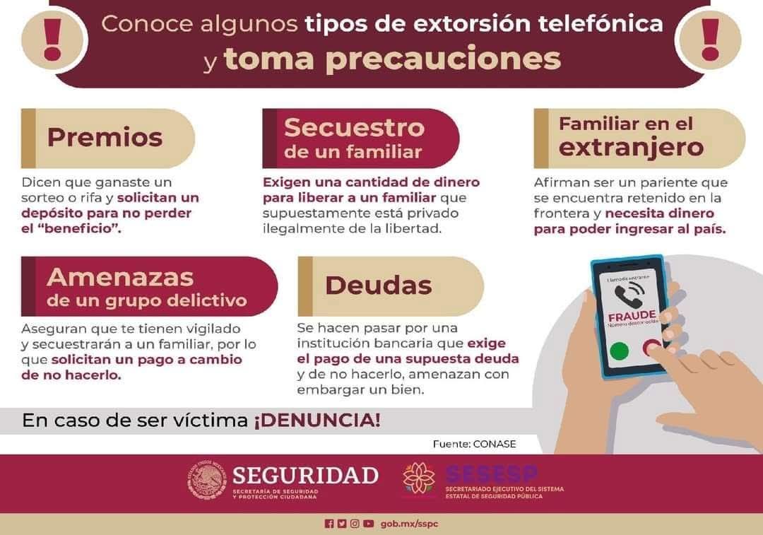 Te compartimos los diferentes tipos de extorsión teléfonica. 

Juntos combatimos el delito por un #TlaxcalaSeguro