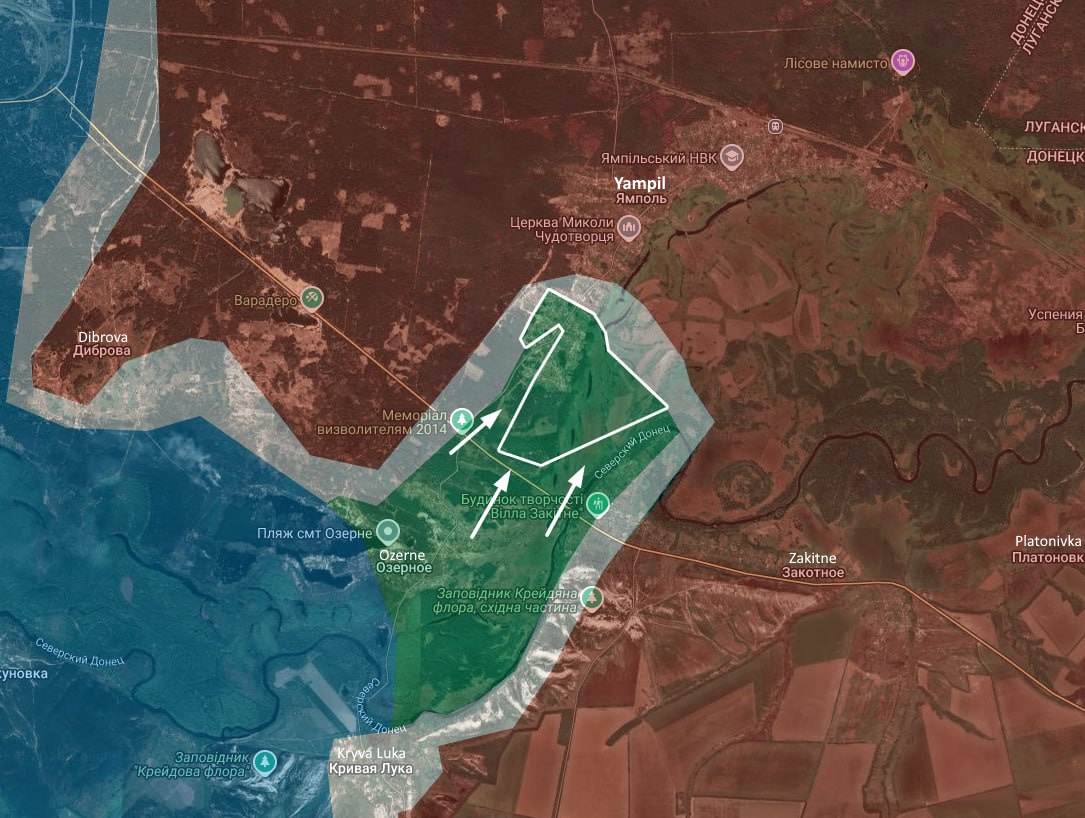 According to the Politstore 🇺🇦Telegram channel, in the Lyman direction, the AFU are advancing further south of Yampil.

t.me/c/1632148131/1…