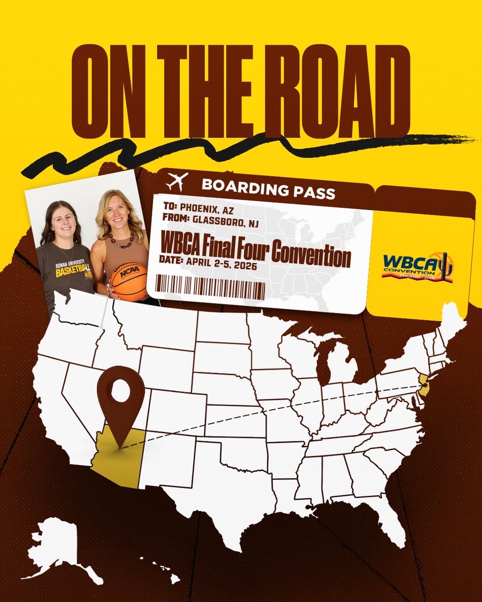 RowanWBB's tweet photo. Phoenix bound 🌵✈️Catch Head Coach Kate Pearson &amp; Assistant Coach Torie Eggers at the Final Four! #WBCA #FinalFour #GOPROFS 🦉 @WBCA1981 @MarchMadnessWBB https://t.co/DVlJ0xDyjk