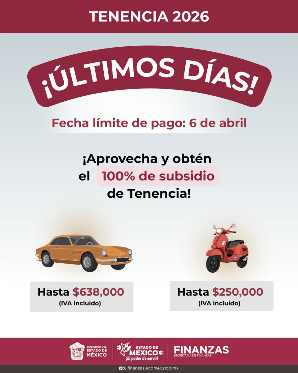 FinanzasEdomex's tweet photo. ¡El tiempo corre! 🏃

El plazo para pagar tu Tenencia es el 6 de abril. 🕐
Realiza tu trámite a tiempo y evita contratiempos

Obtén tu formato de pago en: https://t.co/HPVGpa1H6k https://t.co/EKNARfX6uf