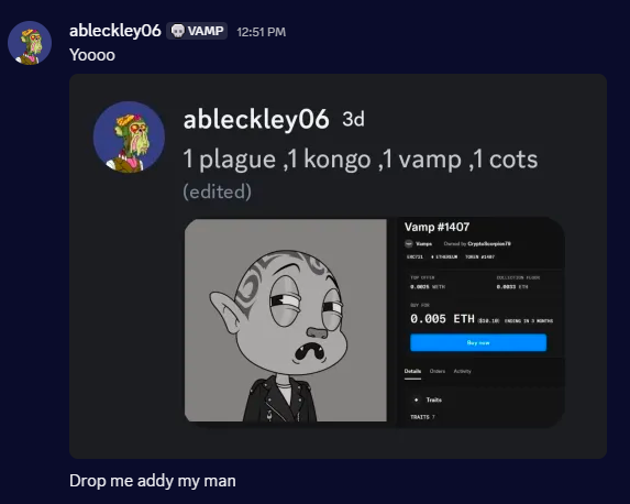 I don't usually accept discord DMs, but when <a href="/AndyBleckley/">Andy Bleckley💥</a> sends this, I accept 😅

Swept up a few <a href="/TheVAMPSonETH/">VAMPS</a> the other day and won myself:
1 <a href="/plaguelabs/">Plague</a> 
1 <a href="/TheVAMPSonETH/">VAMPS</a> 
1 Kongo
1 <a href="/CallOfTheStarsX/">Call of the Stars NFT</a> 

I will certainly be paying it forward as I always do!

Thanks LEGEND 🙏