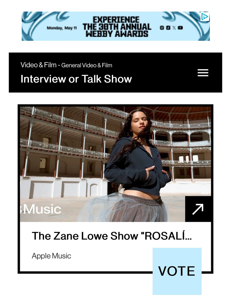 zanelowe's tweet image. Lotta v talented and dedicated people put love into this. Thanks @TheWebbyAwards. Click here to vote 🚡#rosalía #AppleMusic vote.webbyawards.com/PublicVoting#/…