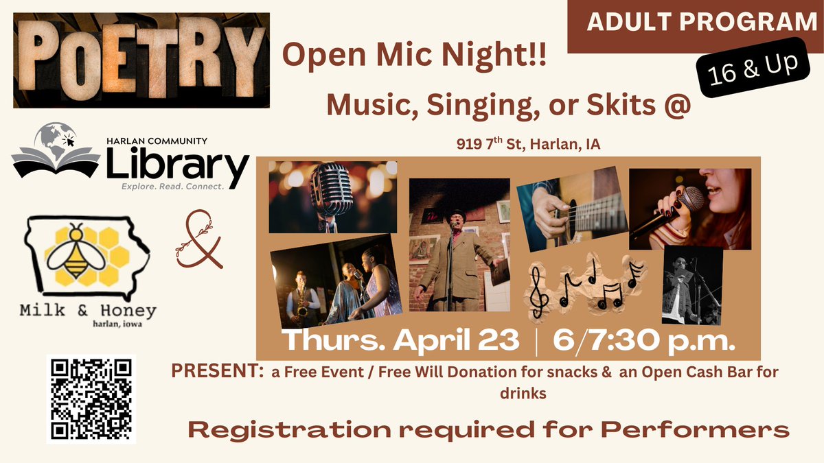 HarlanLibrary's tweet photo. Adult Program 4-23-26 - 6/7:30pm - 16 &amp; Up - with https://t.co/yfgv5r61fF &amp; The Harlan Community Library - Performers must register @ https://t.co/dBkEzaw4VI -- Free Will Offering for snacks - Open Cash Bar for drinks. Join the fun #milkandhoney #librarylife #poetry #openmicnight https://t.co/An6wDK58yz