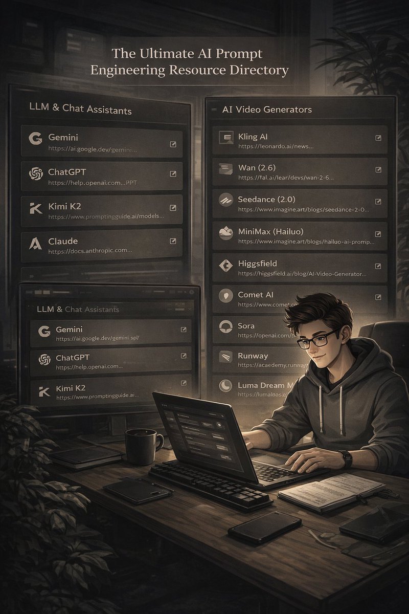 talkwithaswin's tweet photo. *The Ultimate AI Prompt Engineering Resource Directory* 

 *LLM &amp; Chat Assistants* 

Gemini: https://t.co/KgqKCWvUGF
ChatGPT: https://t.co/cT6PladARD
Kimi K2: https://t.co/1XZ4kYJozs
Claude: https://t.co/ooUFL7oGvC https://t.co/A0ecFmA2qY