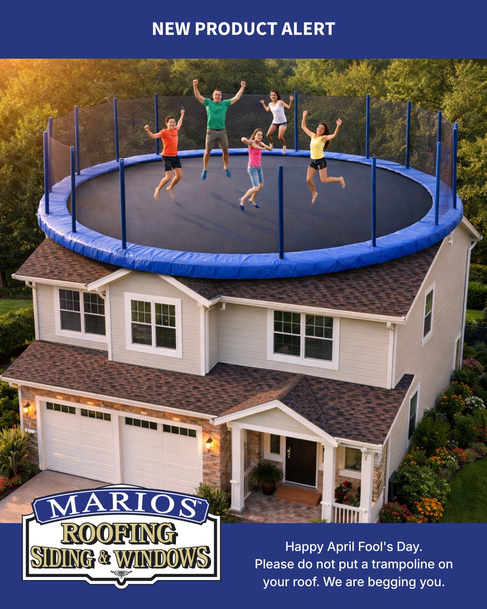 marios_roofing's tweet photo. 🥳Big news! We are pivoting to trampoline roofs. Instant drainage. No ice dams. Neighborhood kids love it. It's a no brainer! 

Happy #AprilFools Day. Please do not put a trampoline on your roof. 👀

#MariosRoofing #SpringRoofing https://t.co/CjvDY3y826