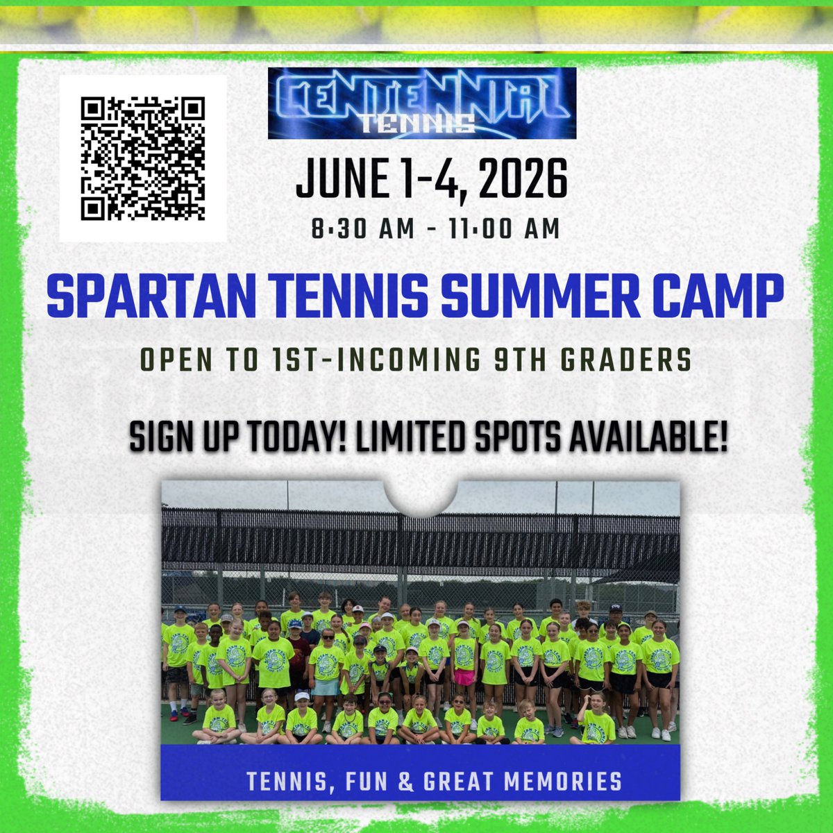 🎾Spartan Tennis Summer Camp is open for registration. It is open to 1st through 9th graders. Develop tennis skills, play strategical games, and have fun with your friends! We were sold out last year, so register today! 🎾☀️