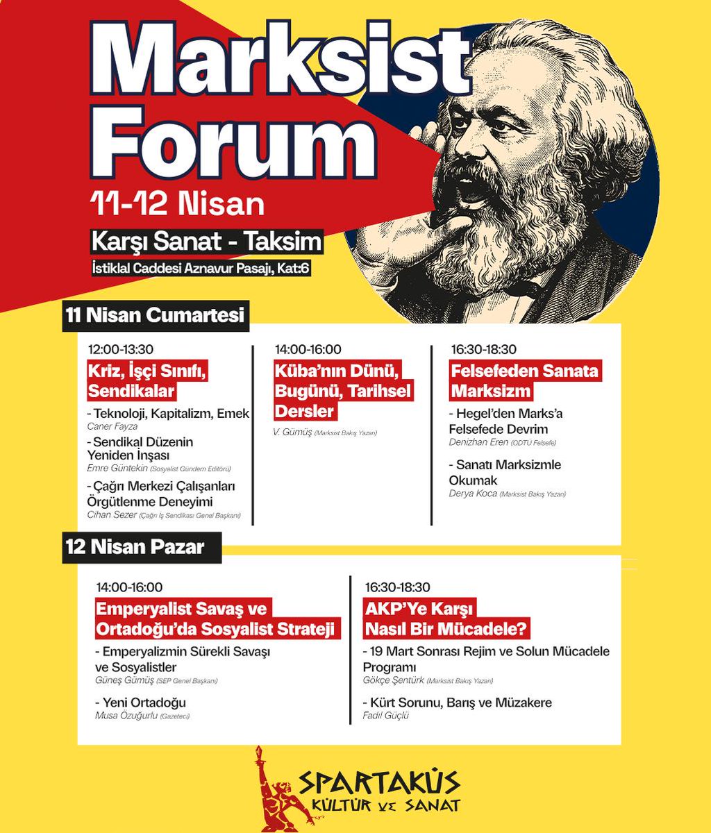 11-12 Nisan'da İstanbul'a Marksist Forum geliyor! 🚩🚩 
5 Oturum 10 konuşmacı ile Karşı Sanat'ta olacağız. ✊✊