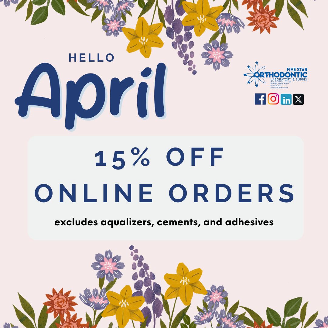 📣 Hello April, Hello Savings! 🌸 Don't miss out on this amazing deal! All month long, Starodontic Lab &amp; Supply is giving you 15% off online orders! Hurry before it's too late! ⏳ #AprilSavings #FiveStarOrtho