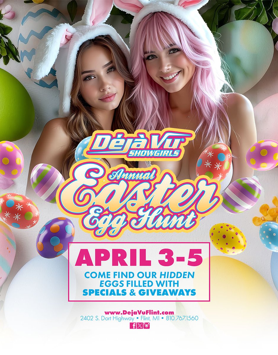 FlintVu's tweet photo. Come enjoy the mischief 😉 with us at Deja Vu Showgirls Flint! Open M-F at noon &amp; Sat-Sun at 7pm!

Coming up:

🔴 Annual Easter Egg Hunt 4/3-5

🔴 Tat 2 Barbie 4/10-11 

🔴 Jordan Dove 5/1-2

🔴 3rd Annual Booty Wars 5/16
.
.
.
#FlintNightlife #Tat2Barbie #JordanDove https://t.co/oU0mDBwvsJ