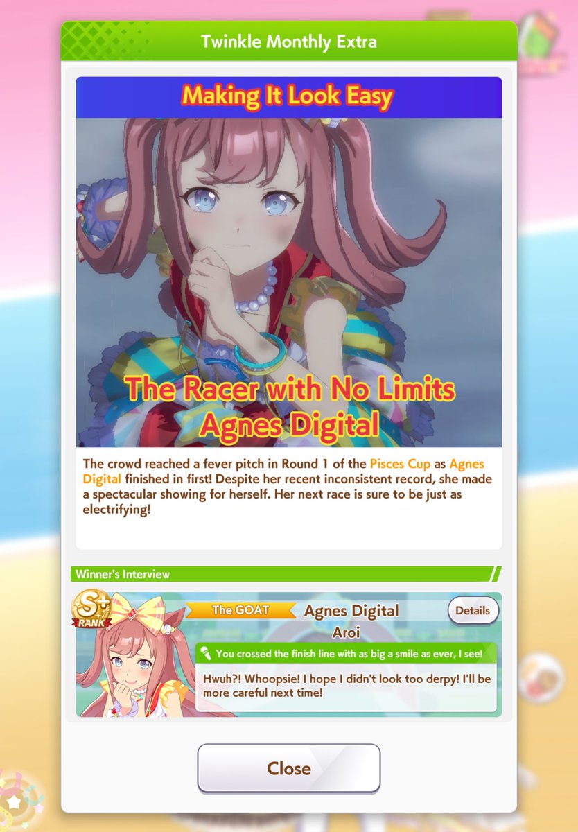 Dear, fine people of Umamusume player

I have made it, I made Digitan run long and won, I am so proud of my little sister and I am about to cry. I am about to get destroyed in group A, see you.

Signed, Digitan’s trainer