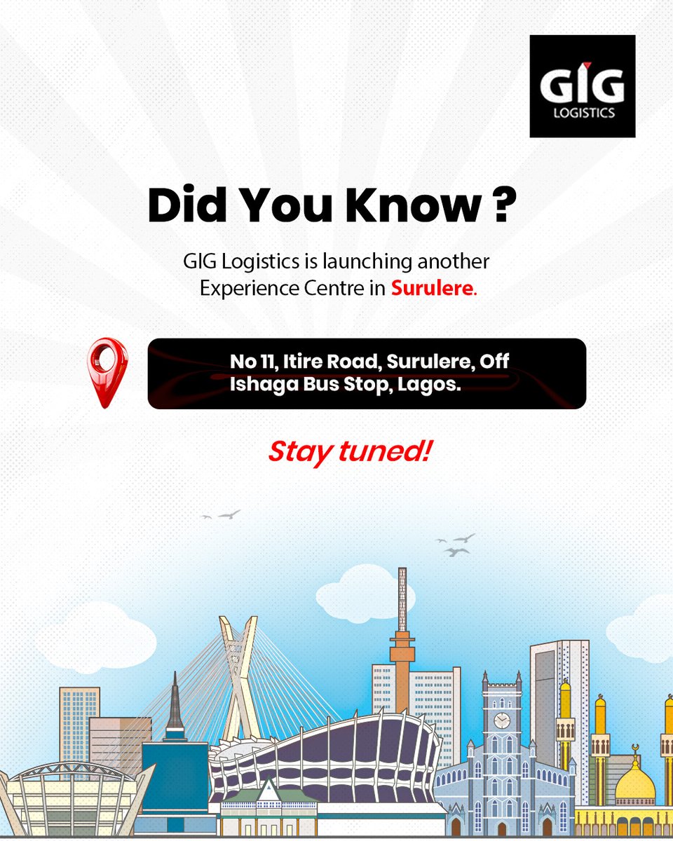 GiGLogistics's tweet image. Surulere, get ready!

GIG Logistics is launching another Experience Centre soon.  

📍 No 11, Itire Road, Surulere, Off Ishaga Bus Stop, Lagos.  

Stay tuned for launch details! 

#GIGLogistics #WeDeliver #experiencecentre