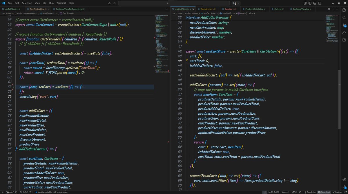 naijadebugger's tweet image. Day 79/100 🚀#100DaysOfCodeAndDesigns with @SarcasticGeek4u 

continued refactoring my project. this time around, moved cart logic fully from Context to #Zustand

no more CartProvider, just a global store handling state

gradually replacing the remaining Providers