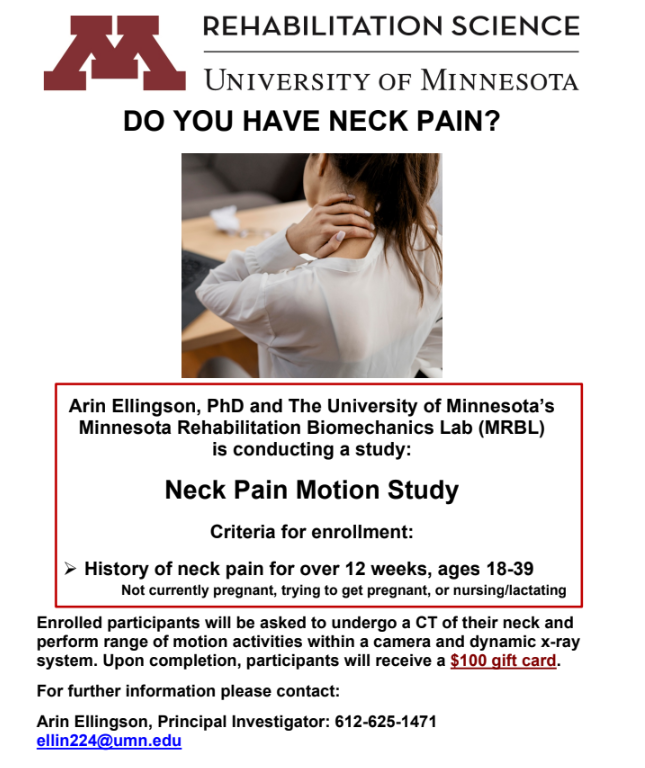 MNRehabBiomech's tweet photo. Do you have neck pain? See if you may qualify for our Neck Pain Motion Study https://t.co/wnitM97VBz